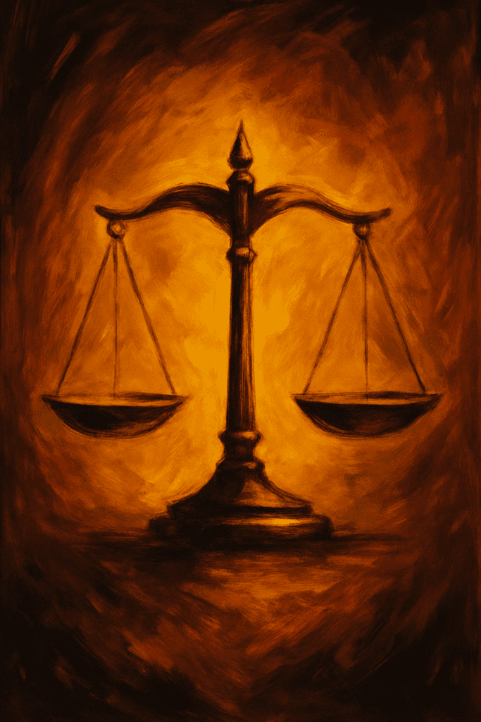 Ilustración abstracta de unas balanzas de la justicia con tonos dorados